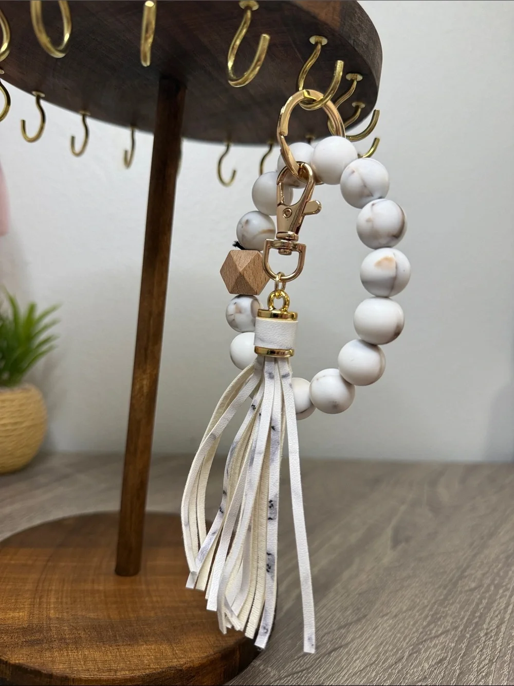 White Marble Beaded Keychain Wristlet